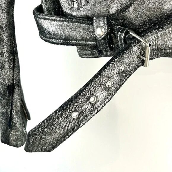 IRO Brooklyn Silver Metallic Leather Moto Jacket - Picture 5 of 10